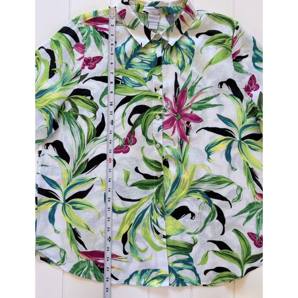 Chicos Linen Tropical Floral Button Up Blouse No Iron Size 16 (3) White Green - Picture 12 of 13